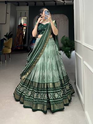 Women's Tussar Silk With Dot & Ikkat Print With Foil Work Lehenga Choli Set 4