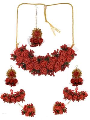 Red gota patti flower jewellry set for haldi & mehndi 2