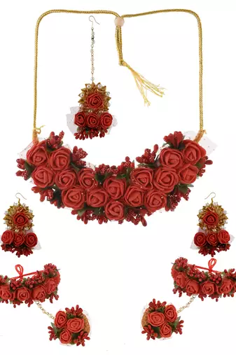 Red gota patti flower jewellry set for haldi & mehndi