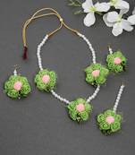 Green & pink gota patti flower jewellry set for haldi & mehndi