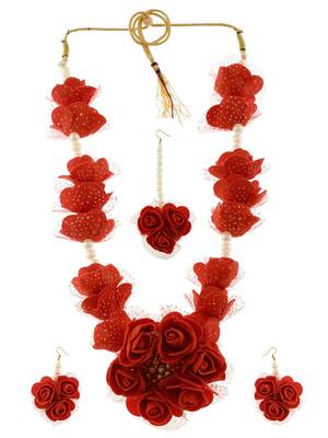Red gota patti flower jewellry set for haldi & mehndi 3