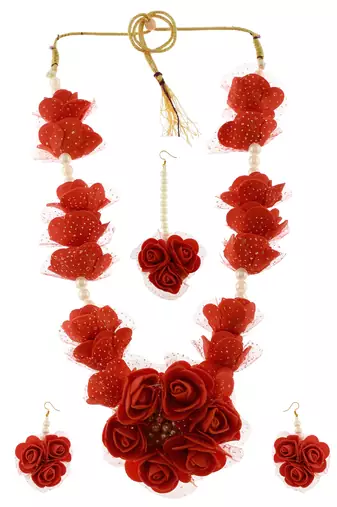 Red gota patti flower jewellry set for haldi & mehndi
