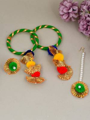 Gota patti pom pom silk bangle with ring and mangtikka 1