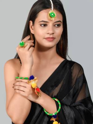 Gota patti pom pom silk bangle with ring and mangtikka 2