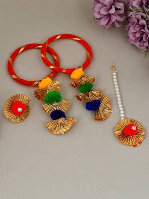 Gotapatti pom pom silk thread bangle with ring and mangtikka 1