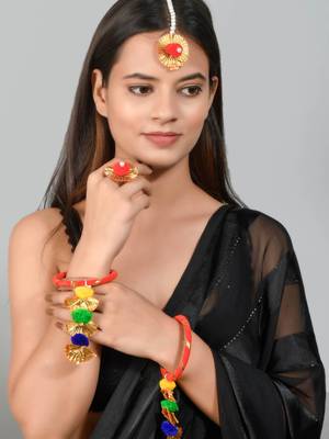 Gotapatti pom pom silk thread bangle with ring and mangtikka 2