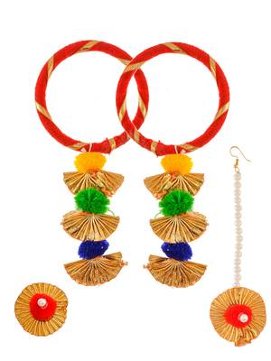 Gotapatti pom pom silk thread bangle with ring and mangtikka 3