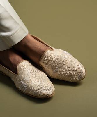 Beige Silk Woven Embroidered Juttis 1