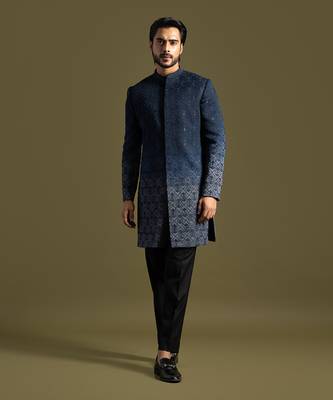 Navy blue ombre embroidered achkan set 1