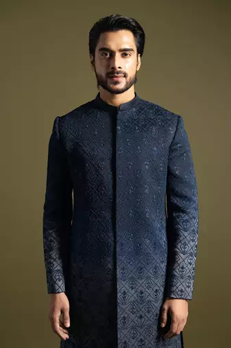 Navy blue ombre embroidered achkan set