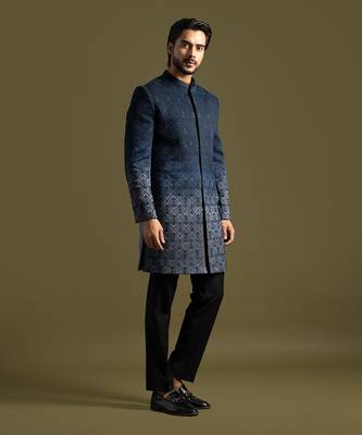 Navy blue ombre embroidered achkan set 3
