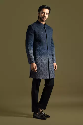 Navy blue ombre embroidered achkan set