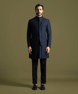 Navy blue double panel achkan set 1