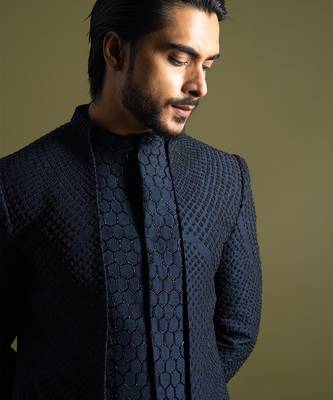 Navy blue double panel achkan set 2
