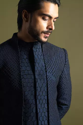 Navy blue double panel achkan set
