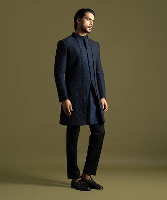 Navy blue double panel achkan set 3