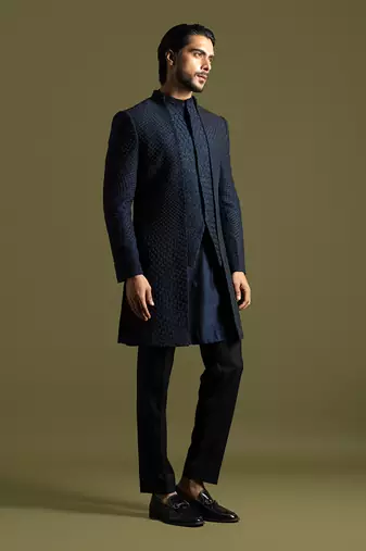 Navy blue double panel achkan set