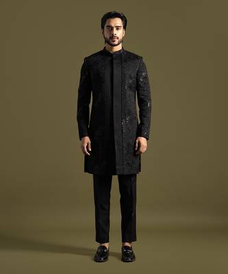 Black double panel embroidered achkan set 1