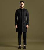Black double panel embroidered achkan set