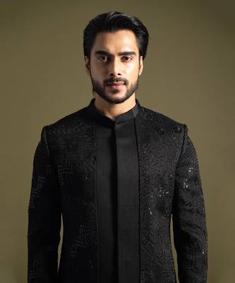 Black double panel embroidered achkan set 2
