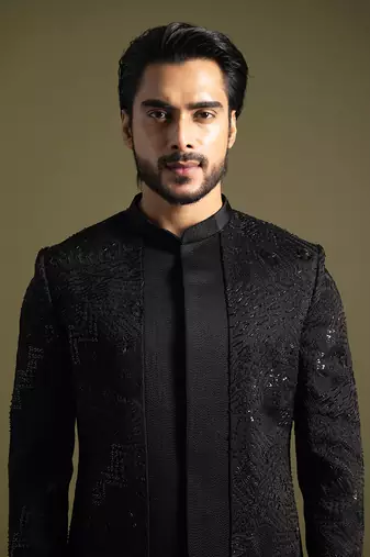 Black double panel embroidered achkan set