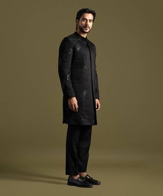 Black double panel embroidered achkan set 3