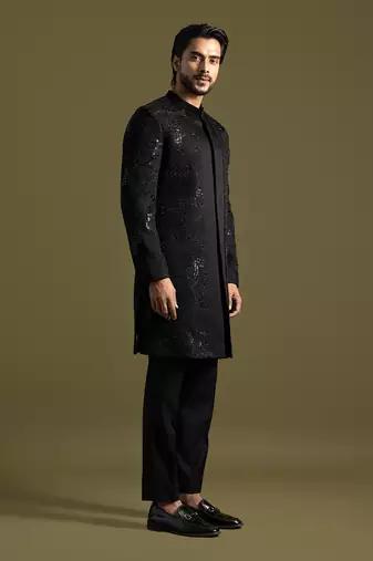 Black double panel embroidered achkan set