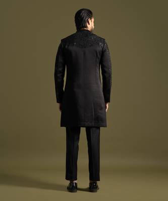 Black double panel embroidered achkan set 4