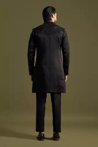 Black double panel embroidered achkan set
