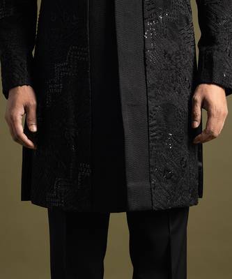 Black double panel embroidered achkan set 5