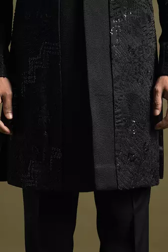 Black double panel embroidered achkan set