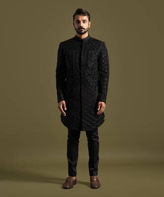 Black floral geometric embroidery achkan set 1
