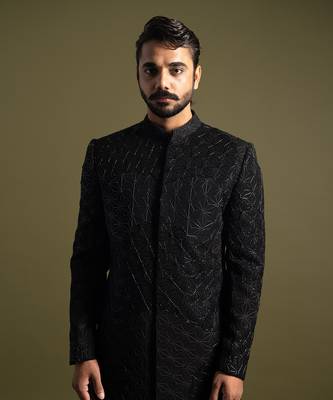 Black floral geometric embroidery achkan set 2