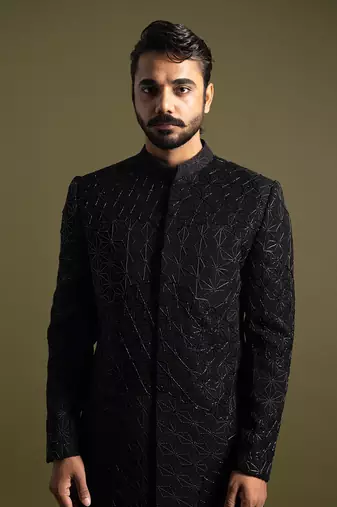 Black floral geometric embroidery achkan set