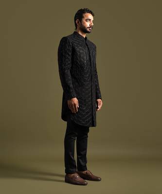 Black floral geometric embroidery achkan set 3