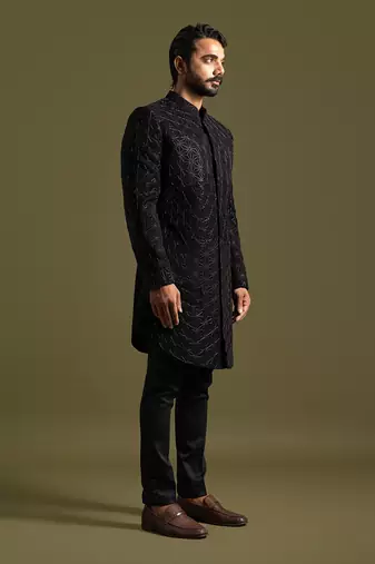 Black floral geometric embroidery achkan set