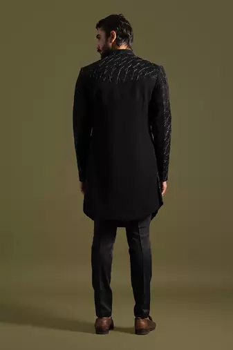 Black floral geometric embroidery achkan set
