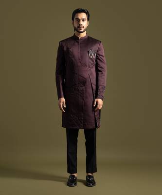 Wine embroidered achkan with straight fit trouser 1