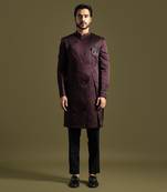 Wine embroidered achkan with straight fit trouser