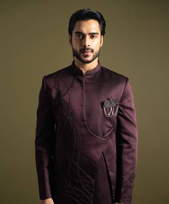 Wine embroidered achkan with straight fit trouser 2