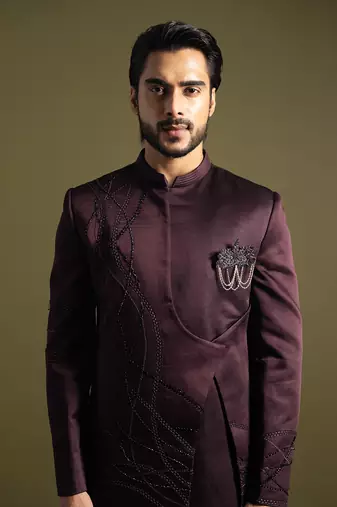 Wine embroidered achkan with straight fit trouser