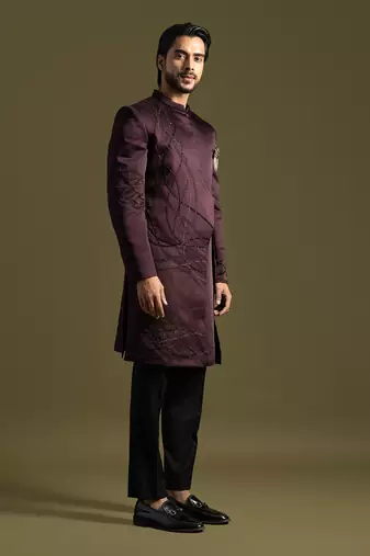 Wine embroidered achkan with straight fit trouser