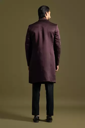 Wine embroidered achkan with straight fit trouser