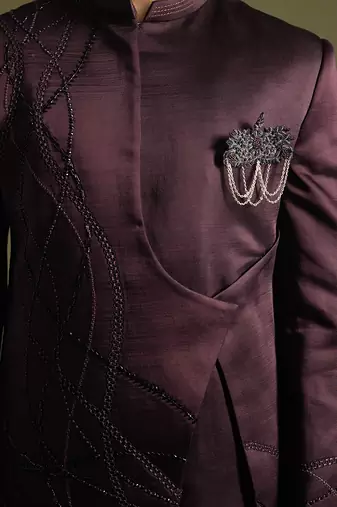 Wine embroidered achkan with straight fit trouser