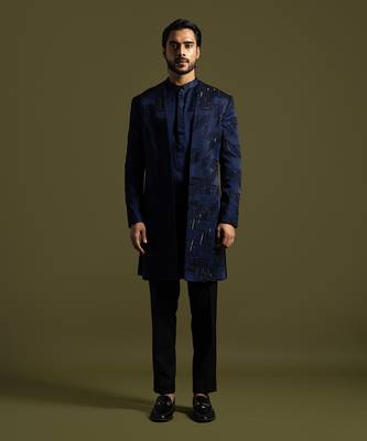 Navy blue embroidered achkan with kurta and pant 1