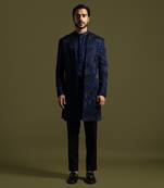 Navy blue embroidered achkan with kurta and pant
