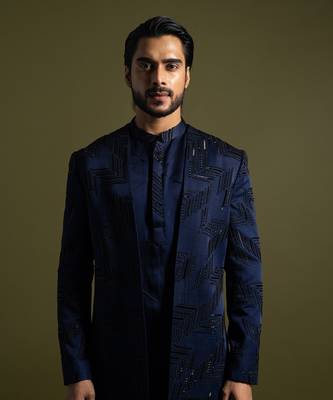 Navy blue embroidered achkan with kurta and pant 2