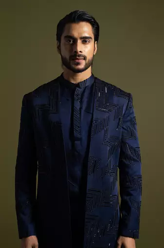 Navy blue embroidered achkan with kurta and pant