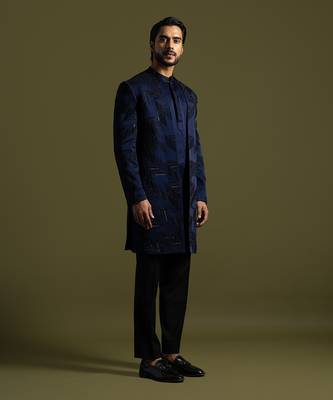 Navy blue embroidered achkan with kurta and pant 3