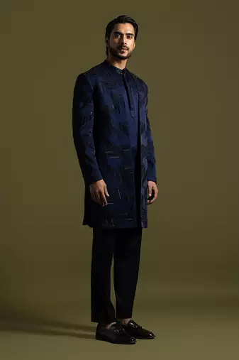 Navy blue embroidered achkan with kurta and pant